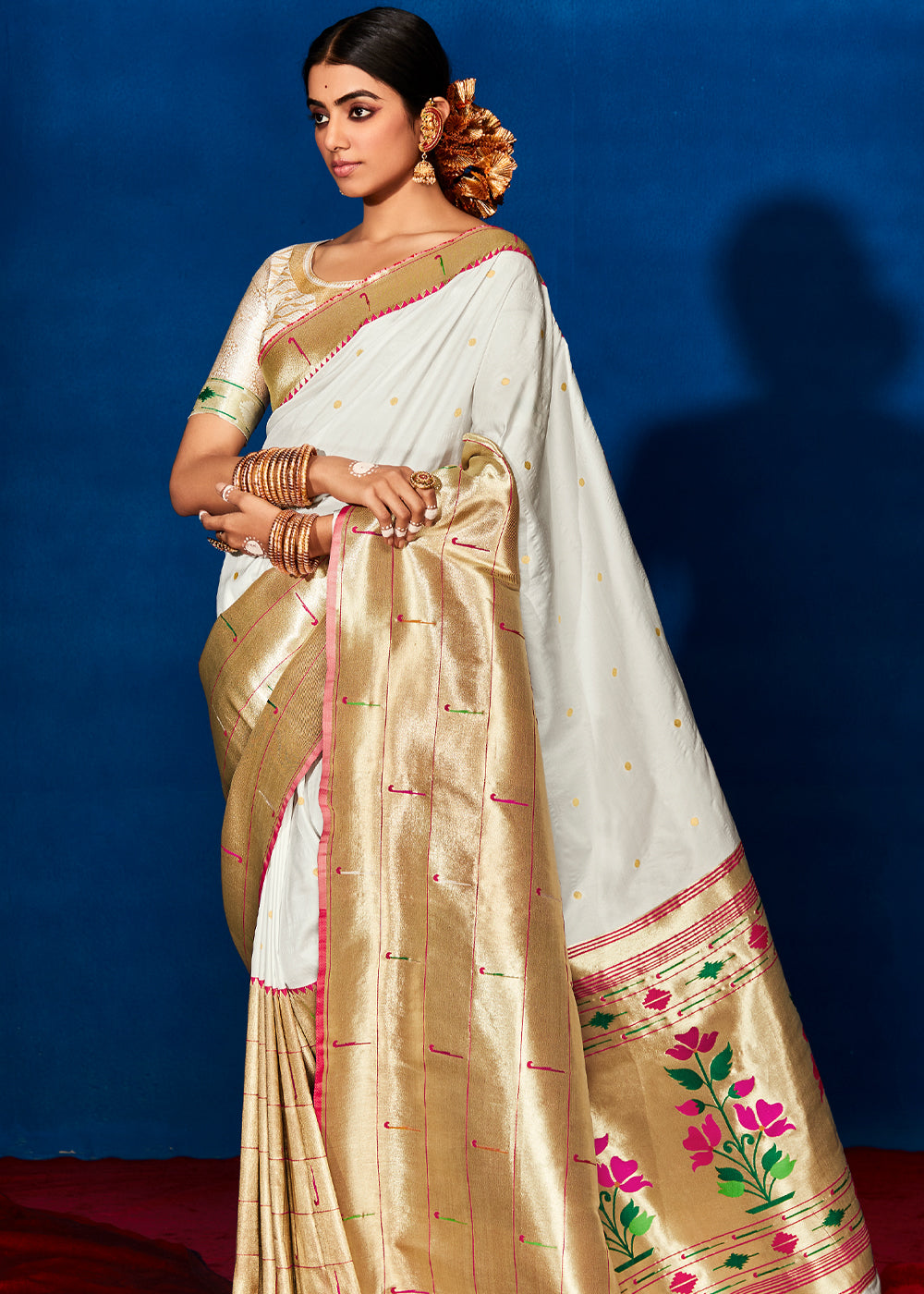 Buy MySilkLove Aster White Woven Handloom Paithani Silk Saree Online