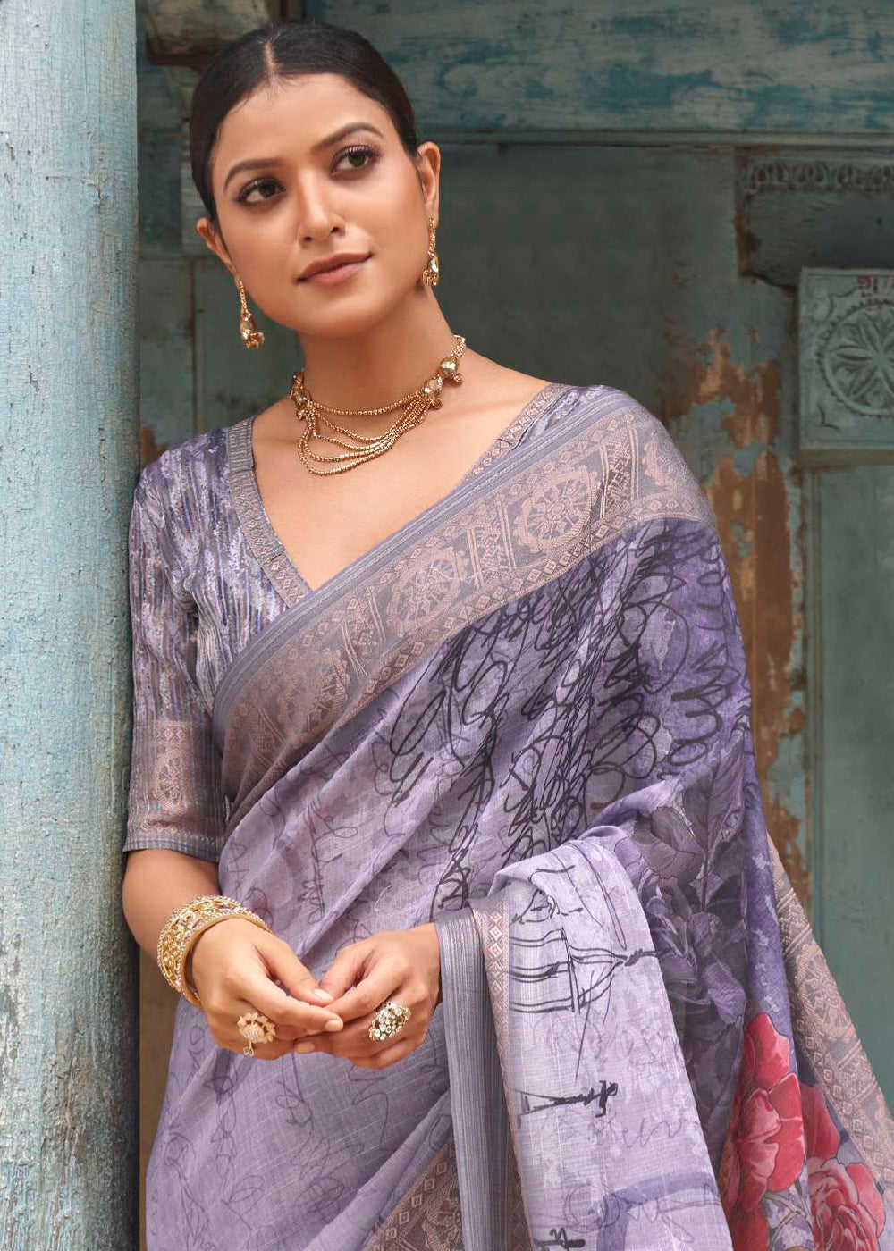 Buy MySilkLove Glossy Grape Purple  Floral Printed Linen Silk Saree Online