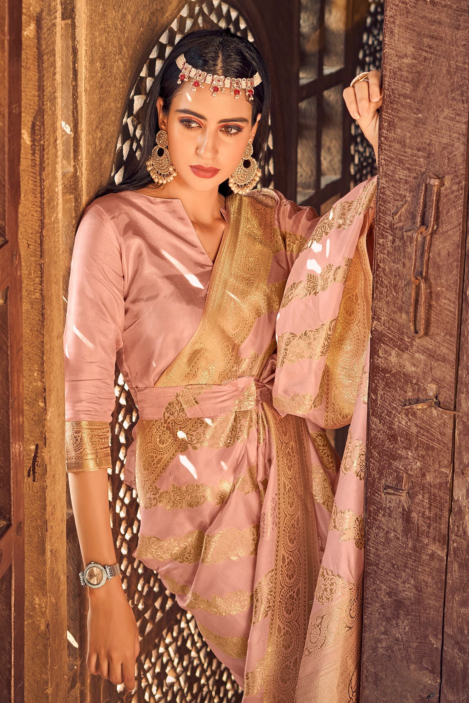 Buy MySilkLove Copperfield Peach Banarasi Woven Silk Saree Online