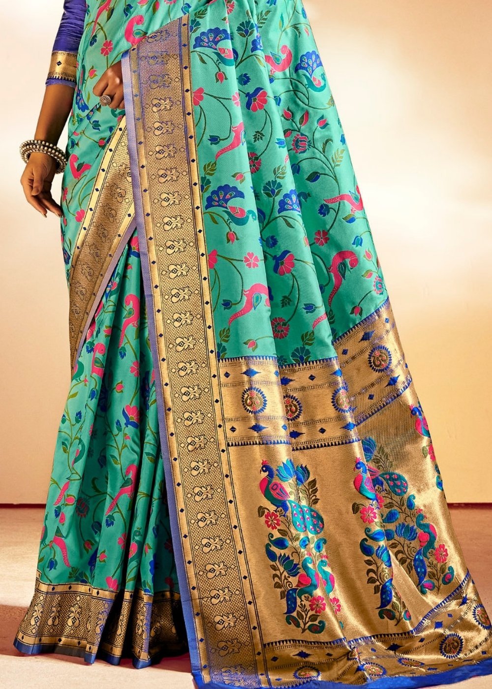 Buy MySilkLove Downy Blue Zari Woven Banarasi Paithani Fusion Saree Online