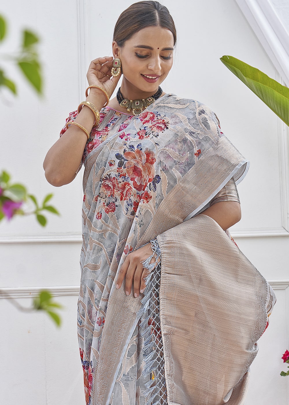 Buy MySilkLove Quick Silver Grey Digital Printed Organza Silk Saree Online