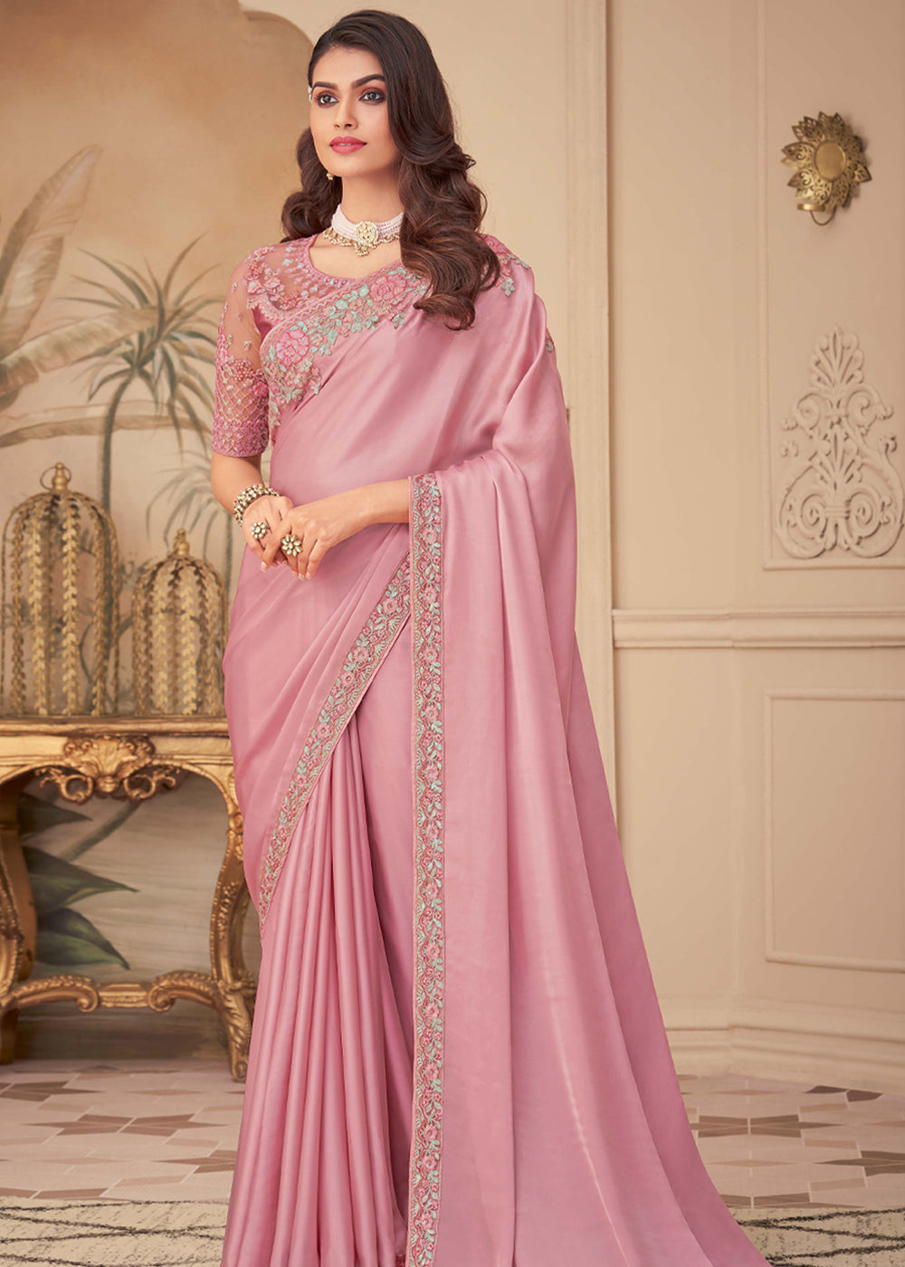 Buy MySilkLove Mandys Pink Georgette Designer Saree with Embroidered Blouse Online