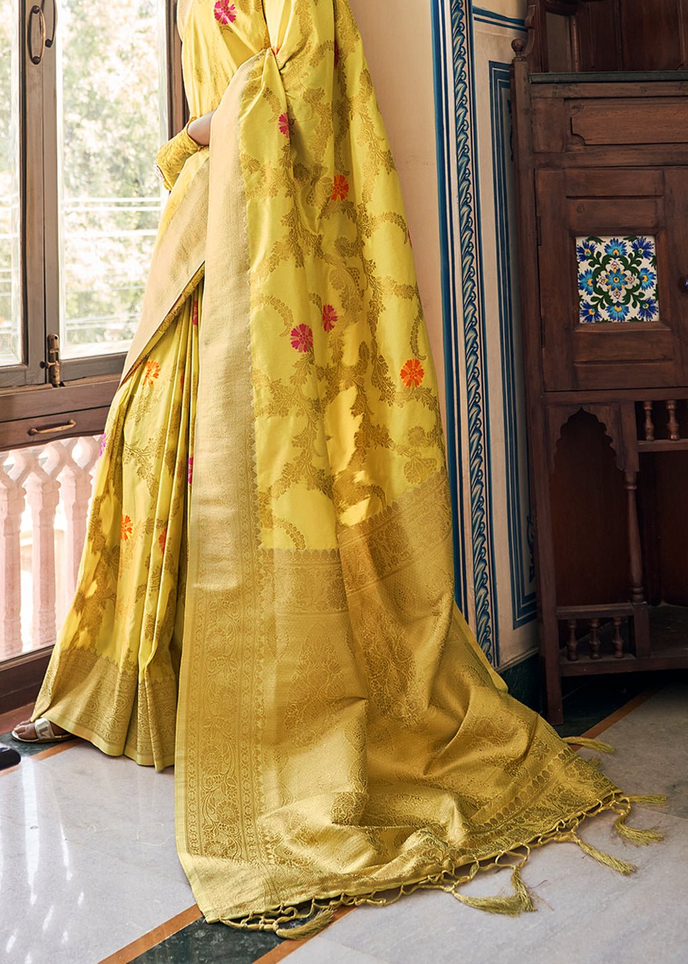 Buy MySilkLove Cream Yellow Zari Woven Dola Silk Saree Online