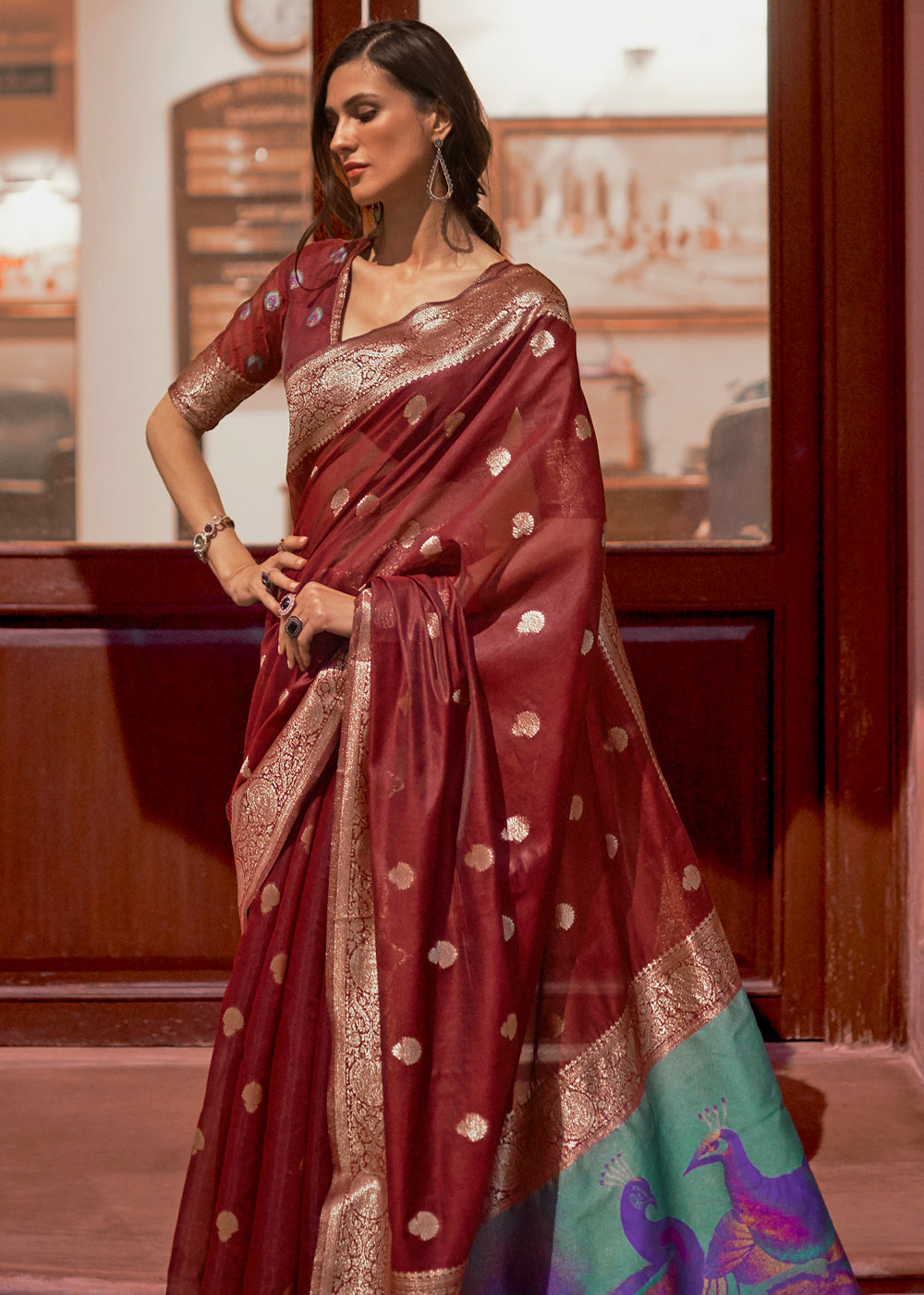 Buy MySilkLove Redwood Brown Zari Woven Banarasi Saree with Peacock Pallu Online