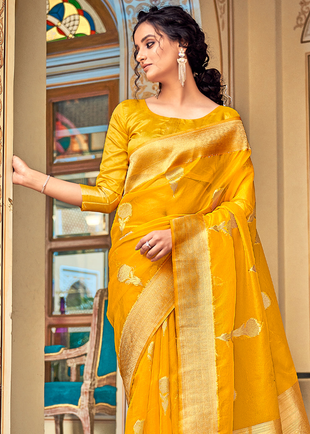 Buy MySilkLove Glow Yellow Zari Woven Banarasi Organza Saree Online