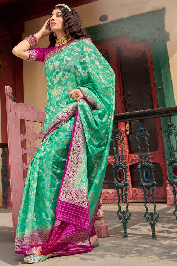 Buy MySilkLove Silver Tree Green and Pink Organza Saree Online