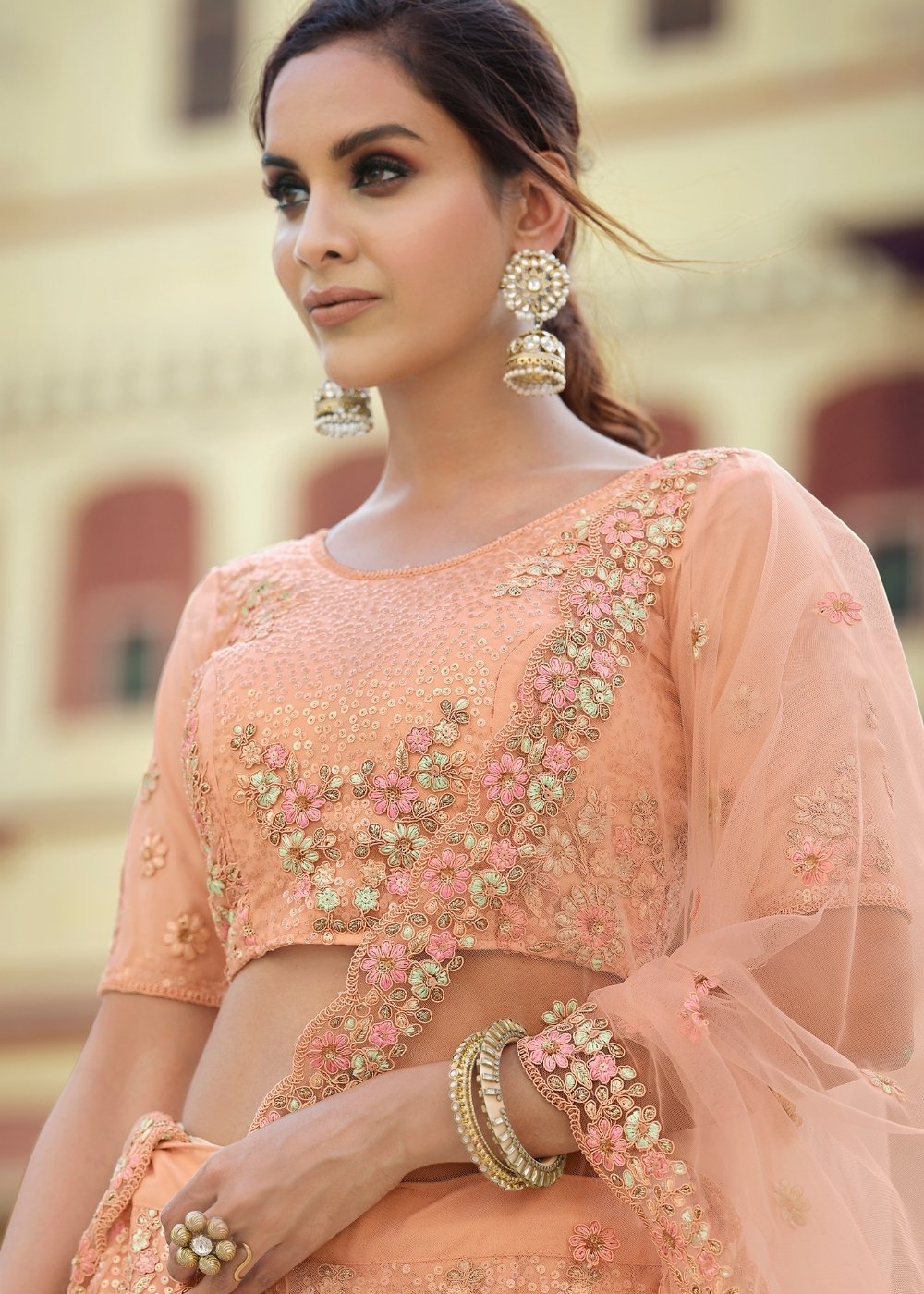 Buy MySilkLove Flower Peach Soft Net Designer Lehenga Choli Online