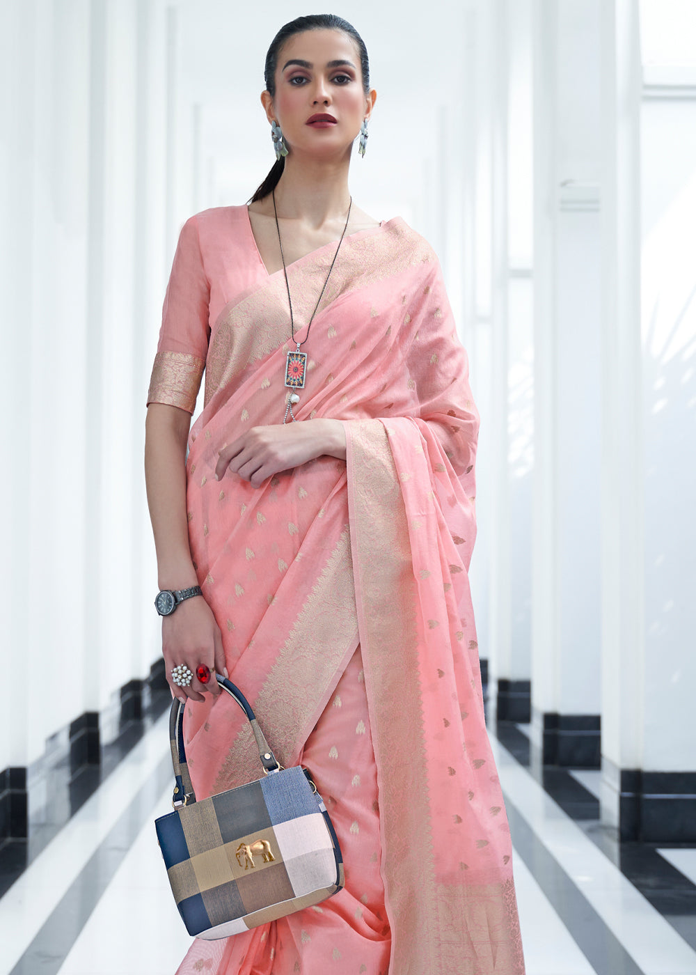 Buy MySilkLove Petite Pink Zari Woven Banarasi Kora Silk Saree Online