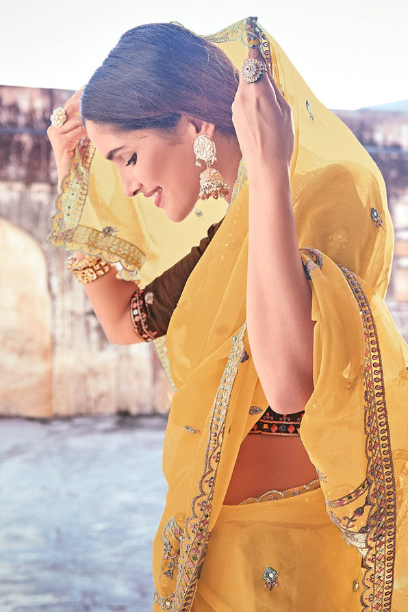 Buy MySilkLove Porsche Yellow and Brown Organza Saree Online