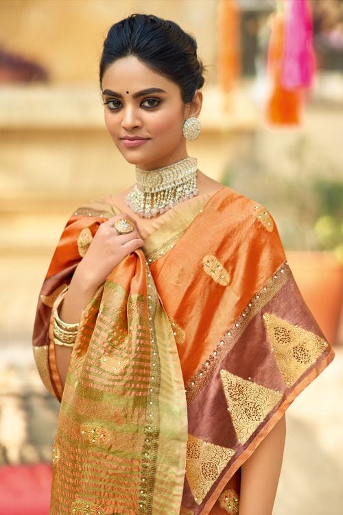 MySilkLove Raw Sienna Orange Organza Saree