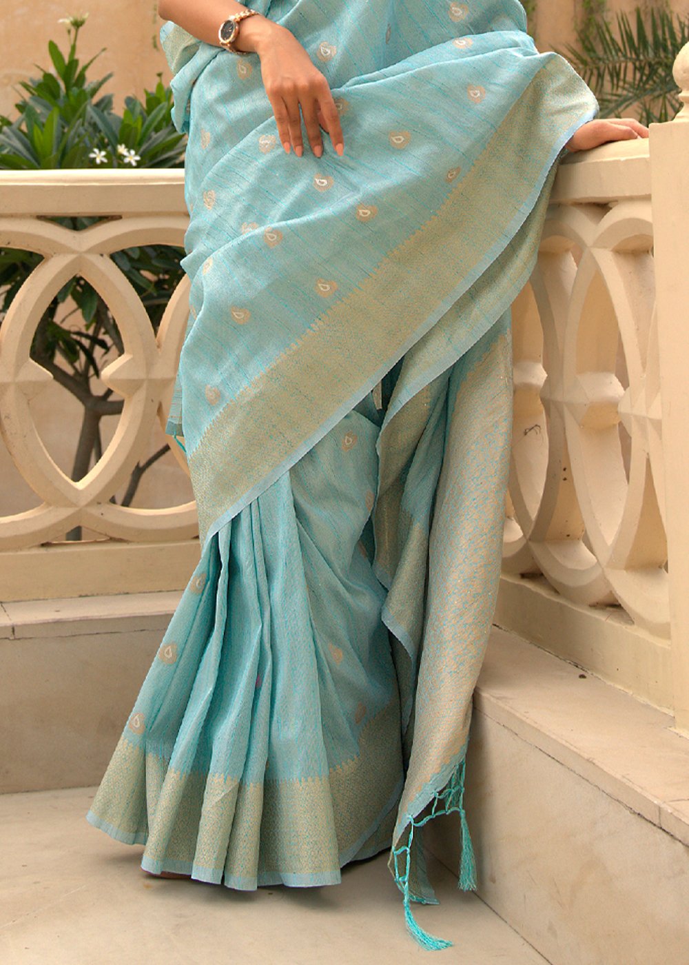 Buy MySilkLove Cascade Blue Zari Woven Tussar Silk Saree Online