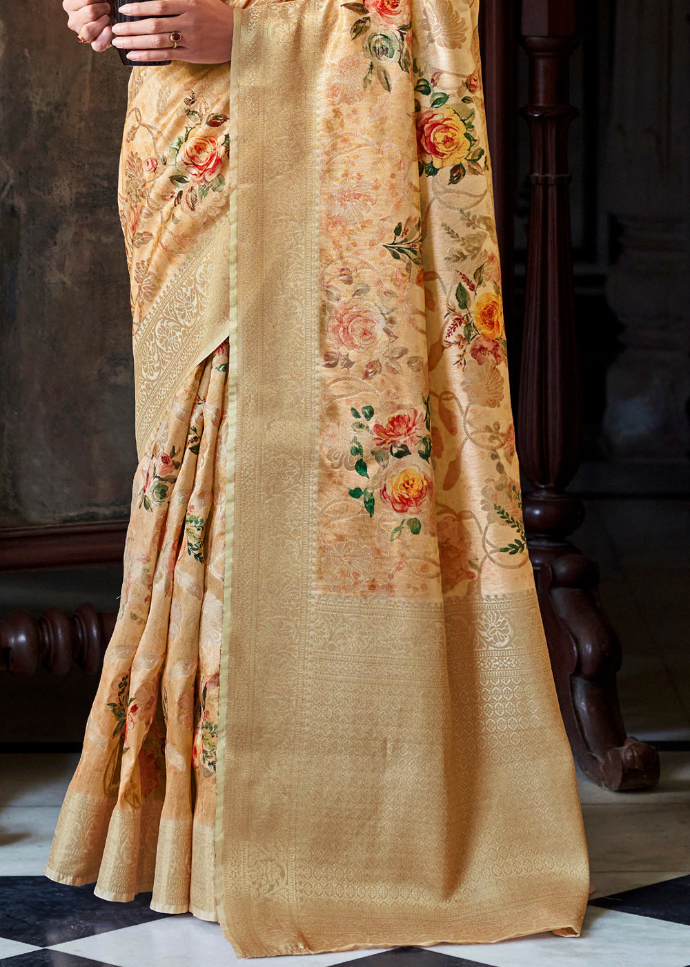 Buy MySilkLove Whiskey Yellow Zari Woven Floral Banarasi Saree Online