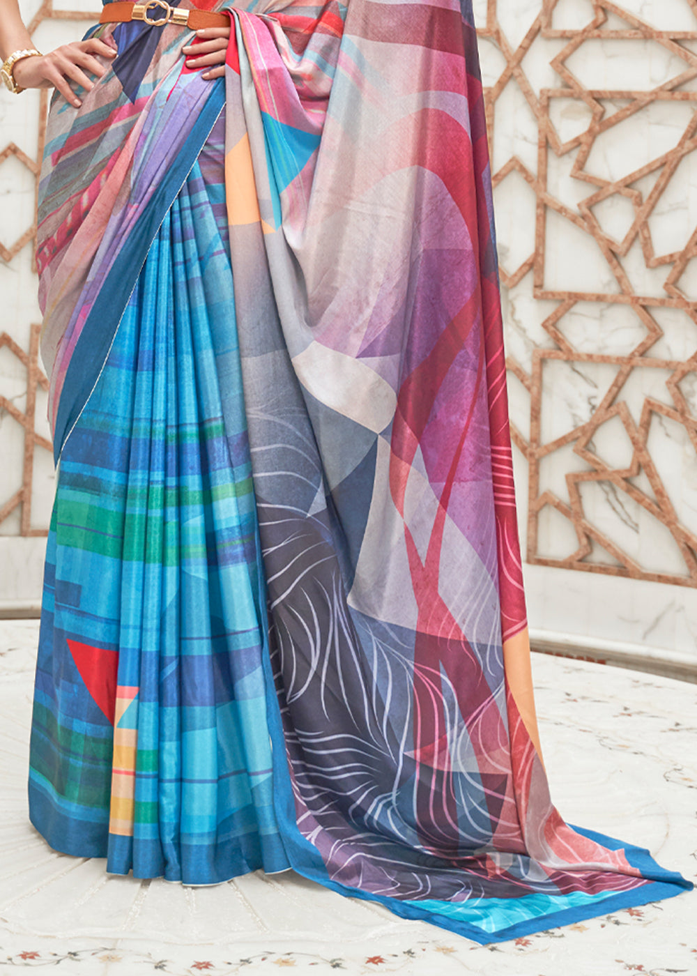 Buy MySilkLove Astral Blue and White Kalamkari Printed Crepe Saree Online