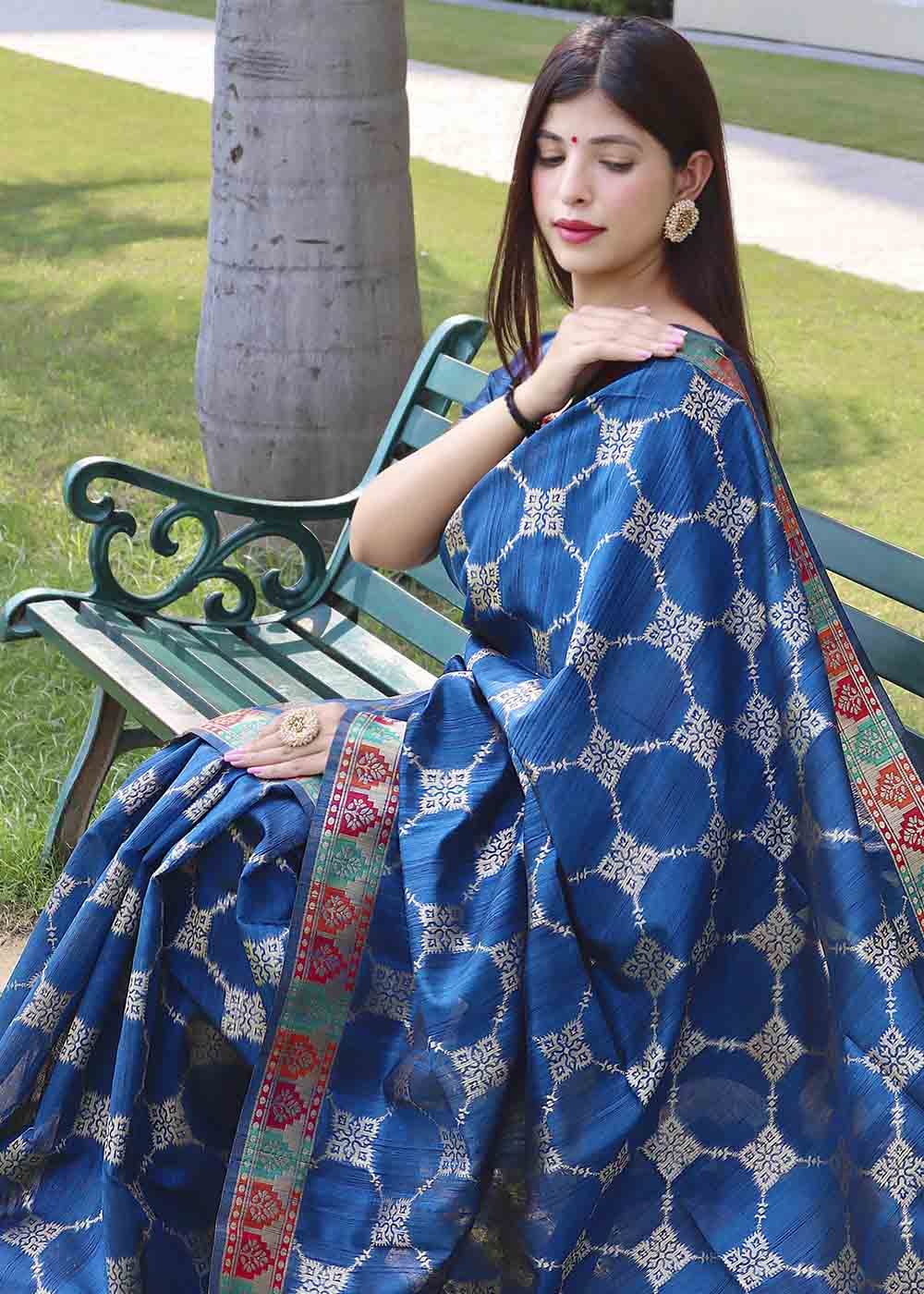 Buy MySilkLove Indigo Blue Zari Woven Tussar Silk Saree Online