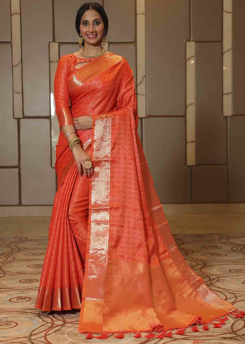 Buy MySilkLove Orange Soda Zari Woven Banarasi Soft Silk Saree Online