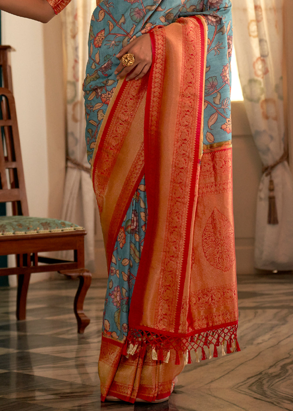 Buy MySilkLove Surf Blue and Red Woven Banarasi Tussar Silk Kalamkari Saree Online