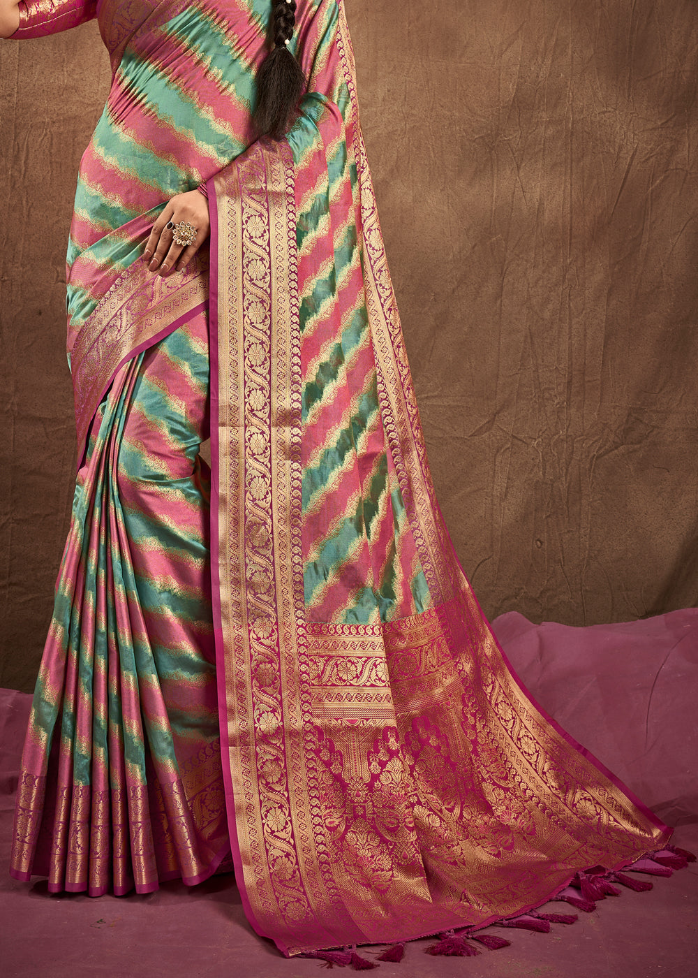 Buy MySilkLove Battleship Green and Pink Woven Rangkath Banarasi Silk Saree Online