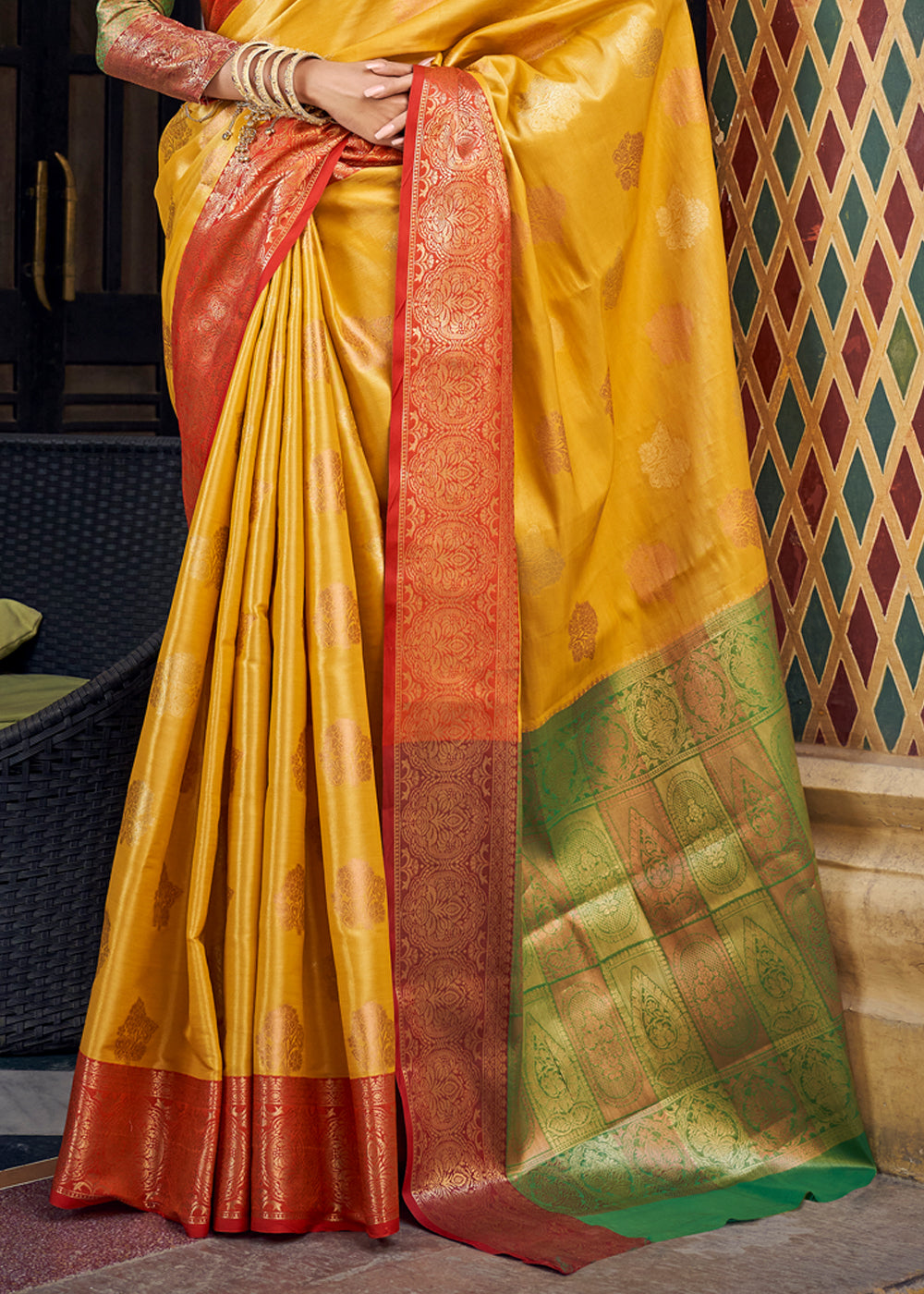 Buy MySilkLove Porsche Yellow Woven Banarasi Barcode Silk Saree Online