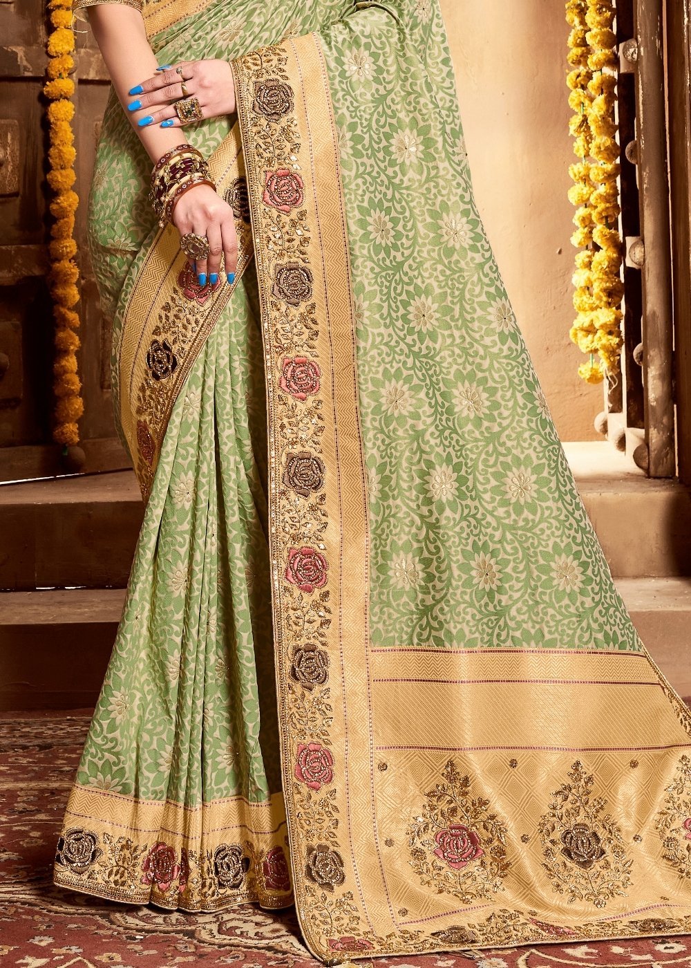 Buy MySilkLove Green Smoke Handloom Woven Designer Banarasi Silk Saree Online