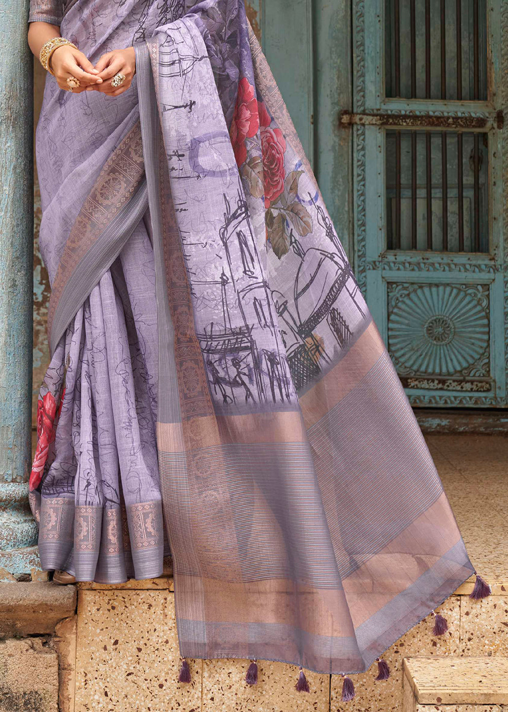 Buy MySilkLove Glossy Grape Purple  Floral Printed Linen Silk Saree Online