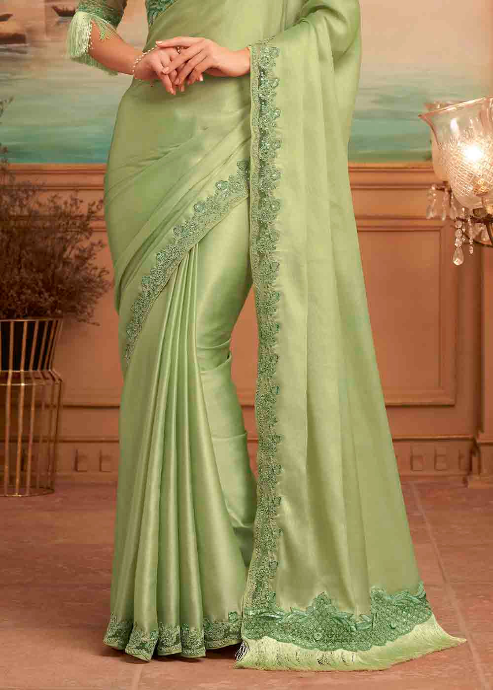 Buy MySilkLove Barley Corn Green Embroidered Satin Silk Designer Saree Online
