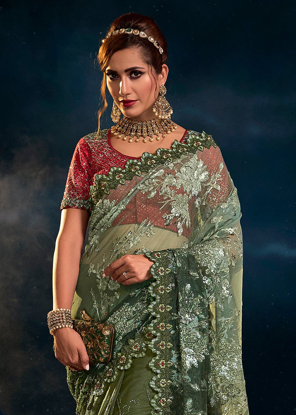 Buy MySilkLove Creek Green Designer Silk Saree with Sequence Pallu Online