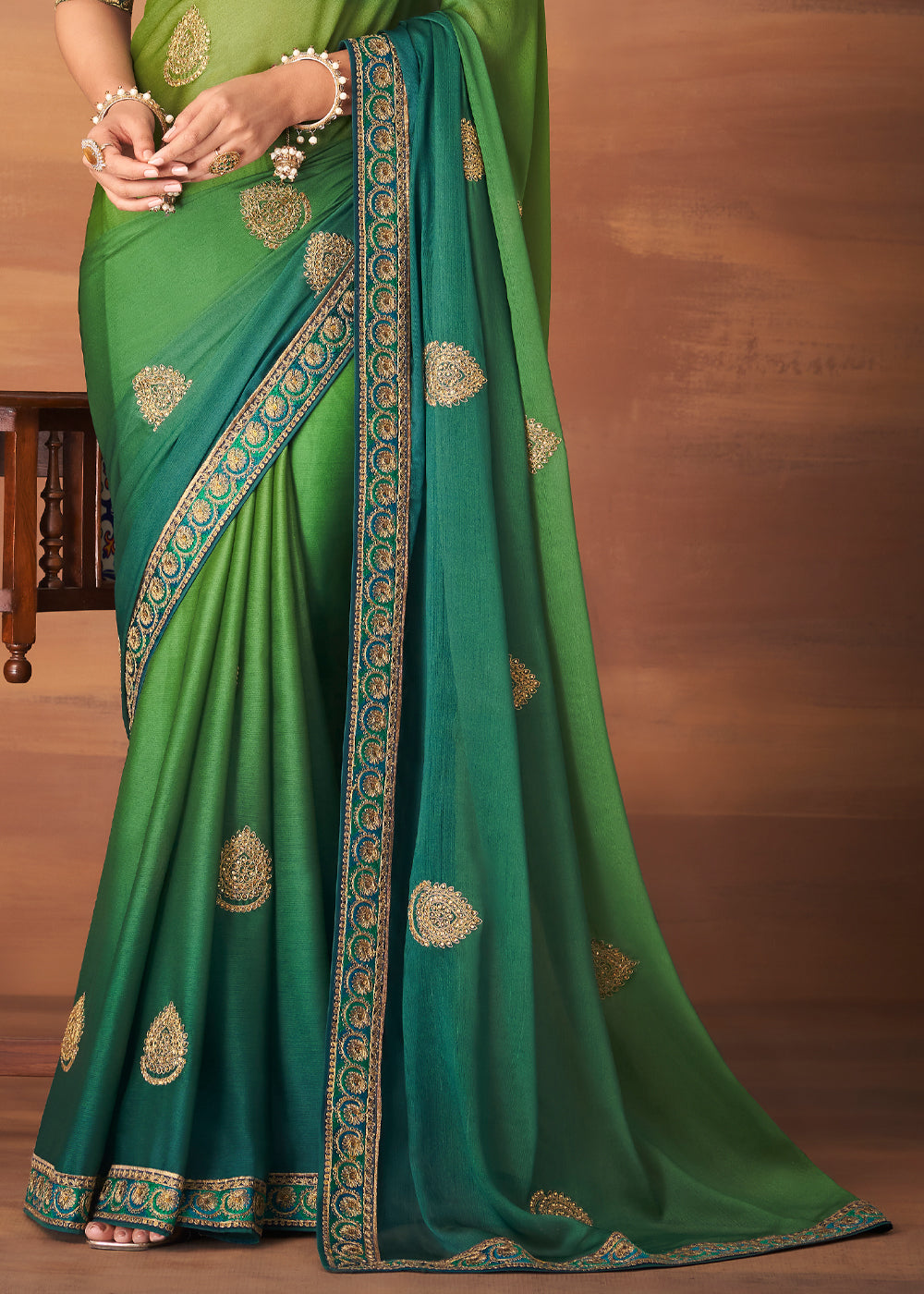 Buy MySilkLove Cucumber Green and Blue Designer Saree with Embroidered Blouse Online