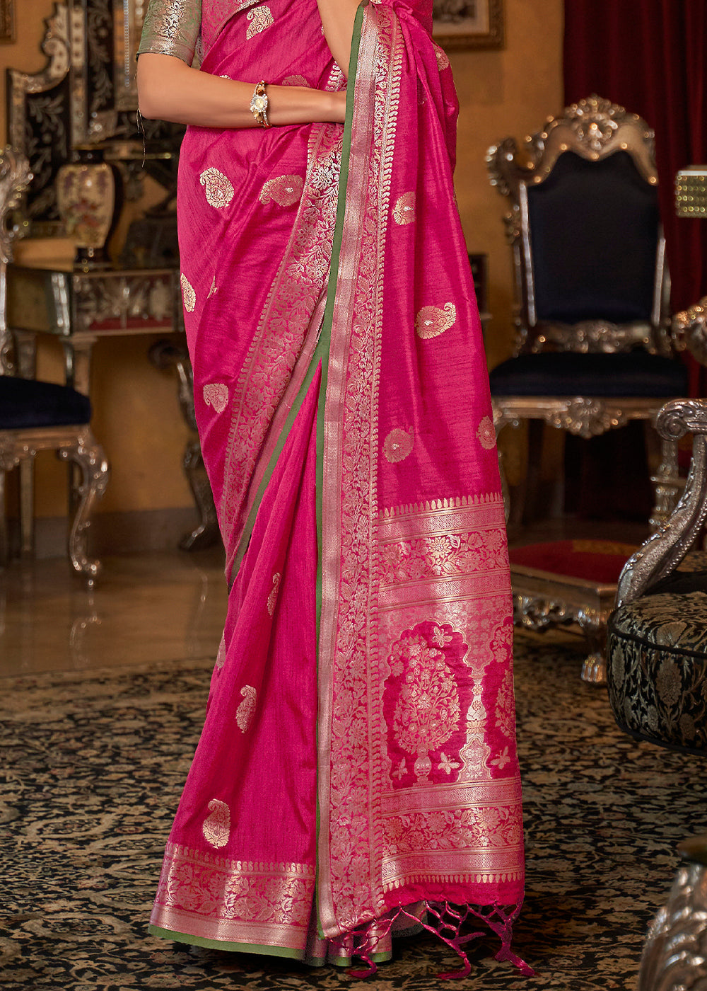 Buy MySilkLove Cabaret Pink Zari Woven Tussar Saree Online