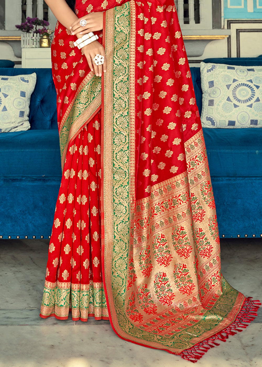 Buy MySilkLove Cinnabar Red and Green Zari Woven Banarasi Saree Online