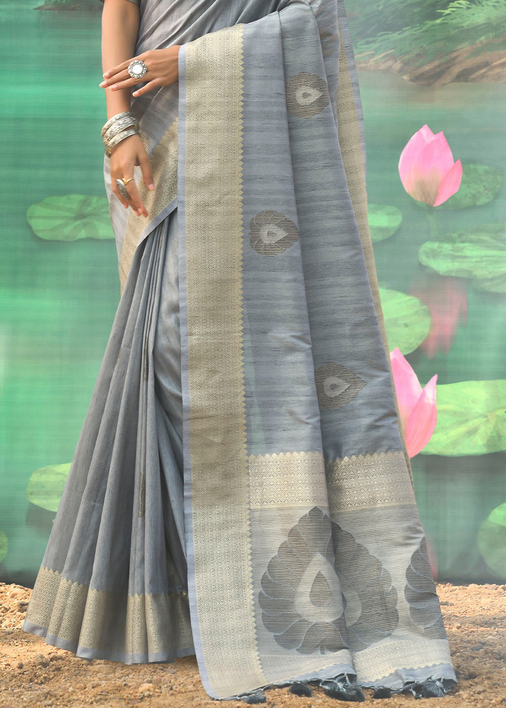 Buy MySilkLove Bombay Grey Banarasi Jacquard Silk Saree Online