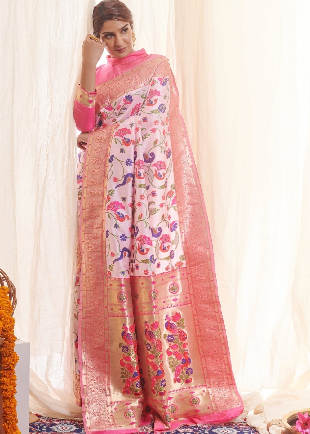 Buy MySilkLove Wafer Light Pink Zari Woven Paithani Saree Online
