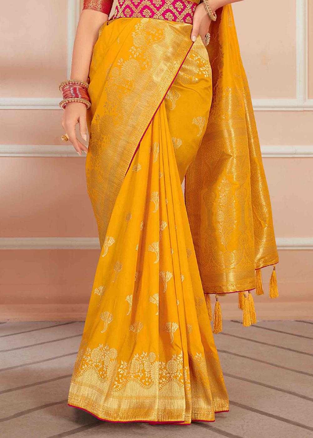 Buy MySilkLove Golden Pink Yellow Zari Woven Banarasi Silk Saree Online