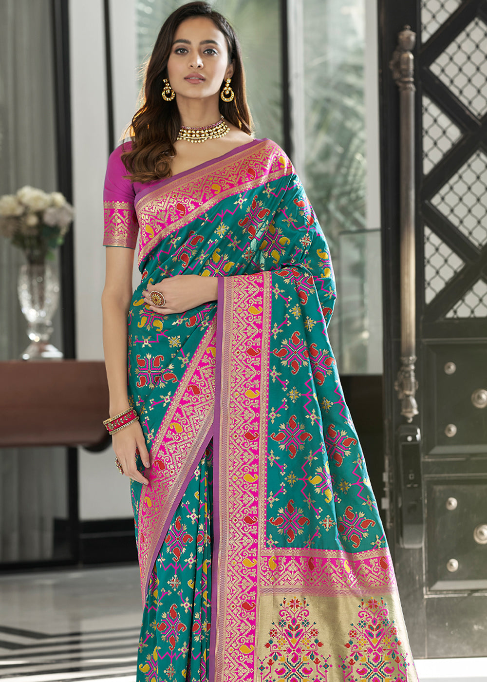 Buy MySilkLove Paradiso Blue and Pink Zari Woven Banarasi Patola Saree Online