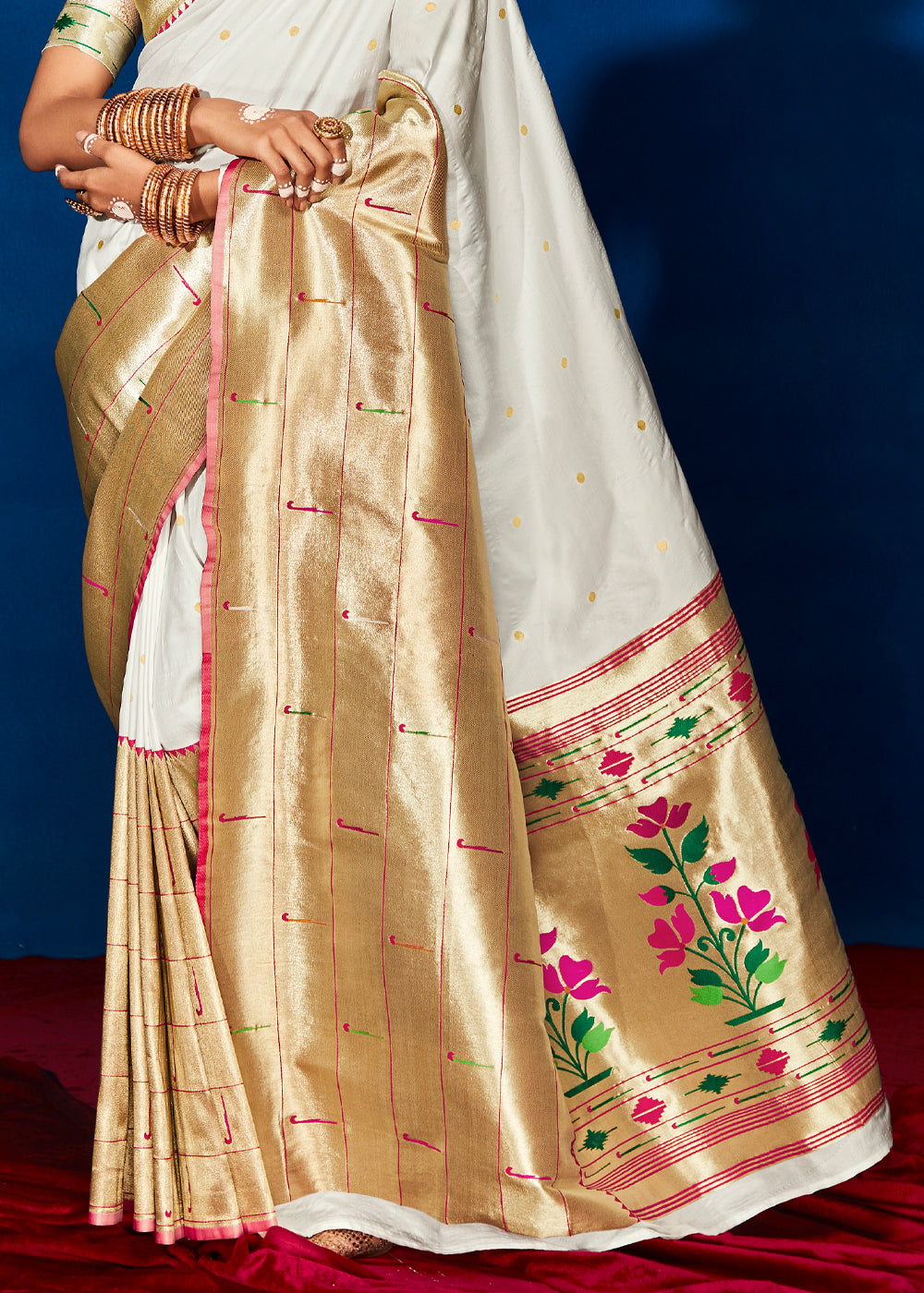 Buy MySilkLove Aster White Woven Handloom Paithani Silk Saree Online