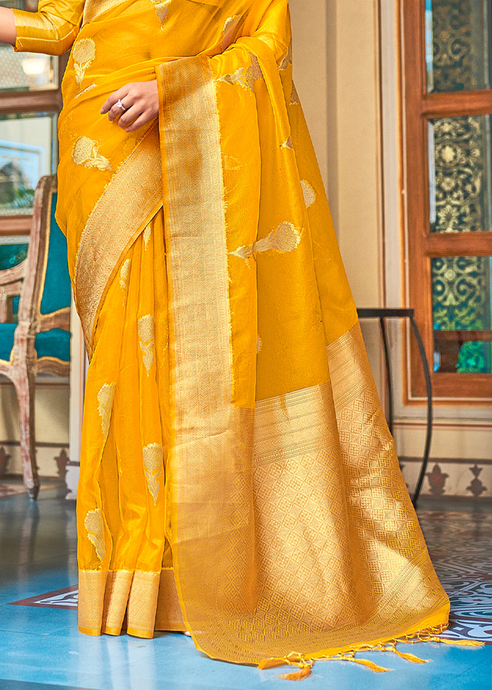 Buy MySilkLove Glow Yellow Zari Woven Banarasi Organza Saree Online