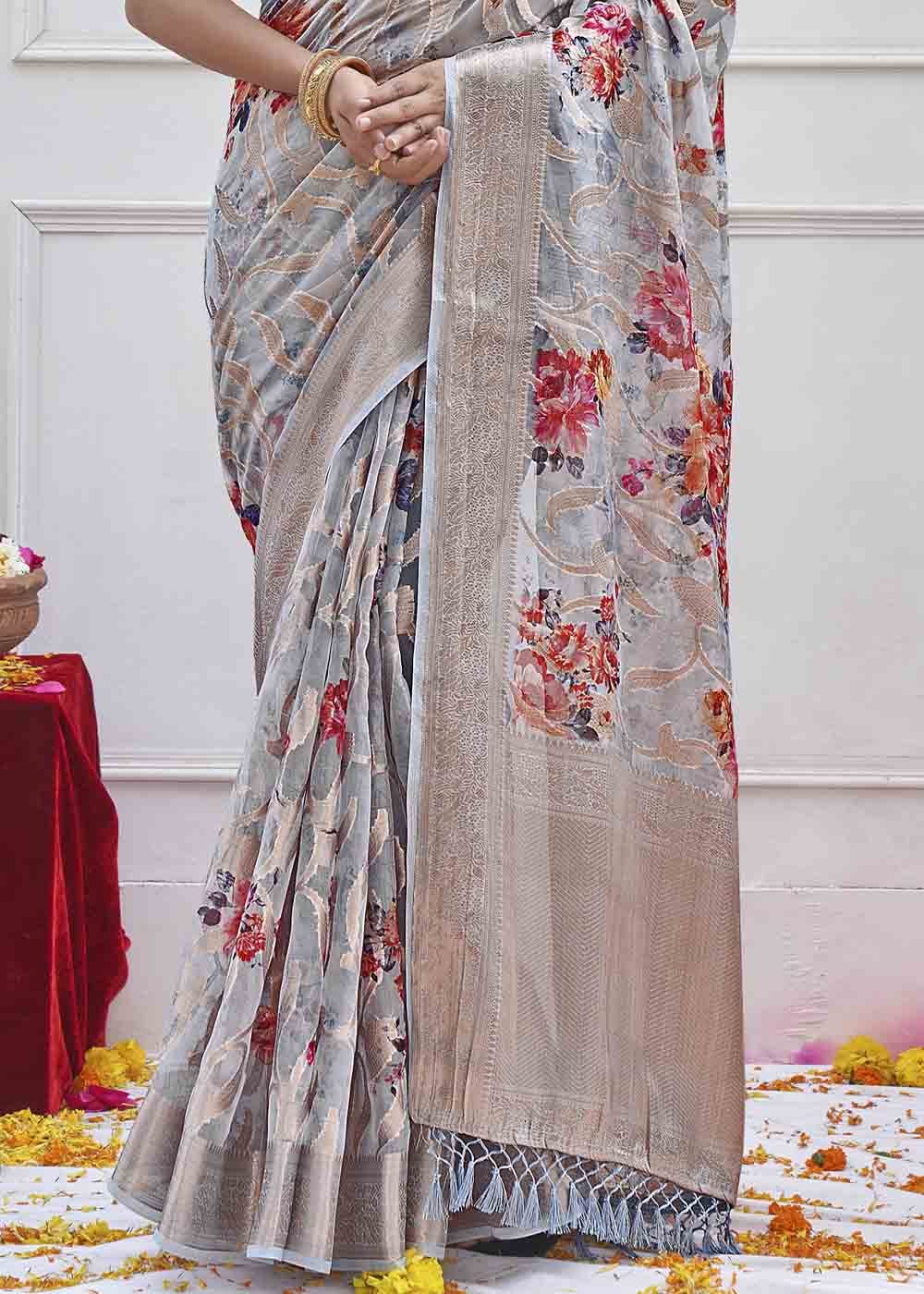 Buy MySilkLove Quick Silver Grey Digital Printed Organza Silk Saree Online