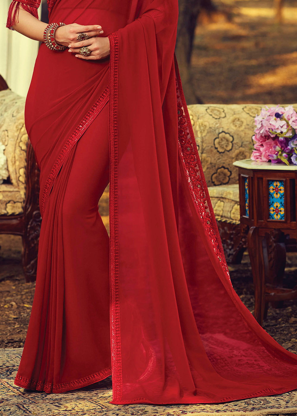 Buy MySilkLove Crail Red Embroidered Georgette Designer Saree Online