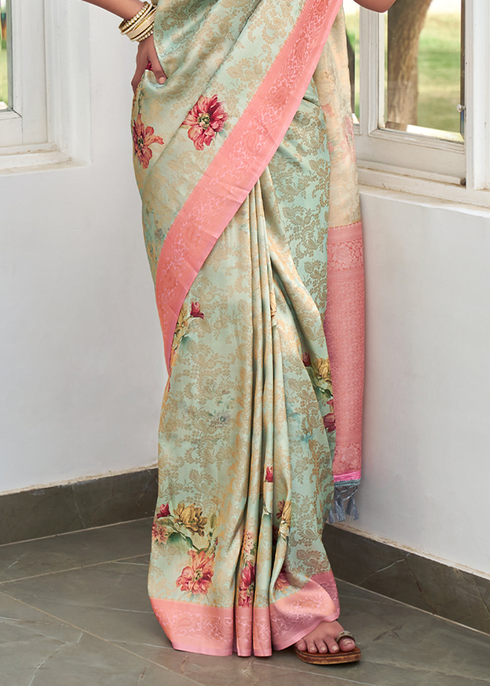 Buy MySilkLove Eagle Green Banarasi Jacquard Printed Saree Online