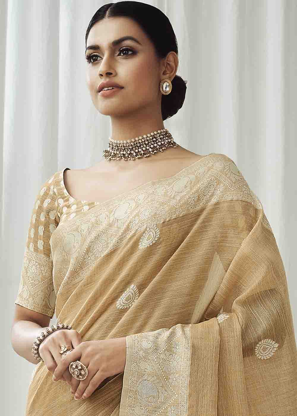 Buy MySilkLove Twine Brown Chikankari Linen Saree Online