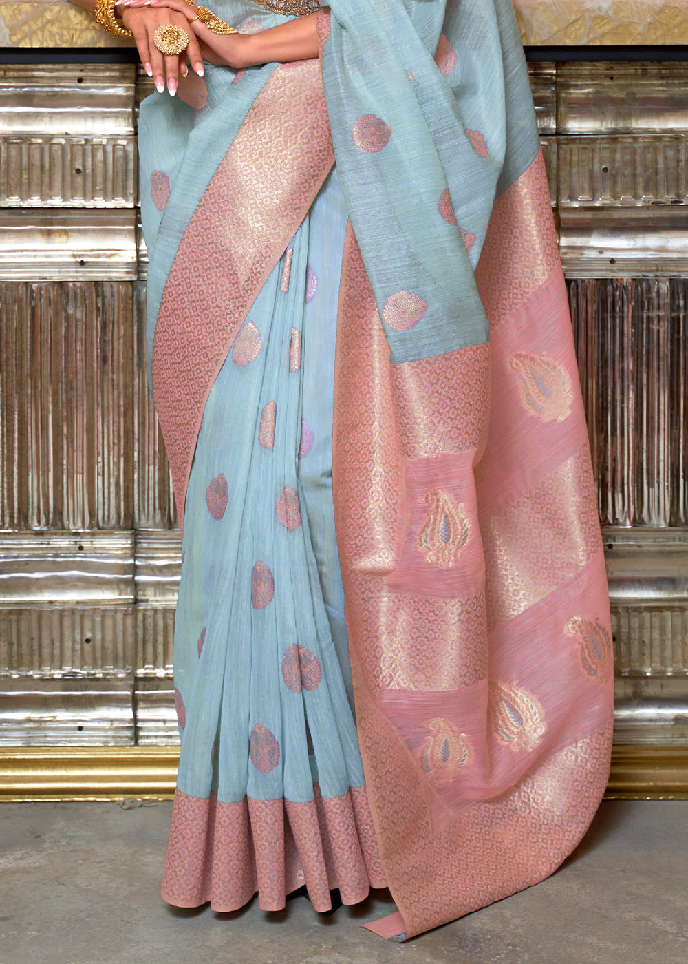 Buy MySilkLove Jungle Mist Blue and Pink Zari Woven Linen Saree Online