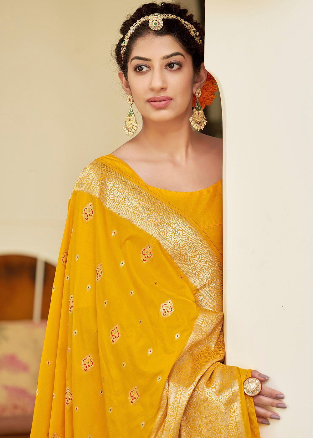 Buy MySilkLove Saffron Yellow Zari Woven Banarasi Silk Saree with Butti Work Online