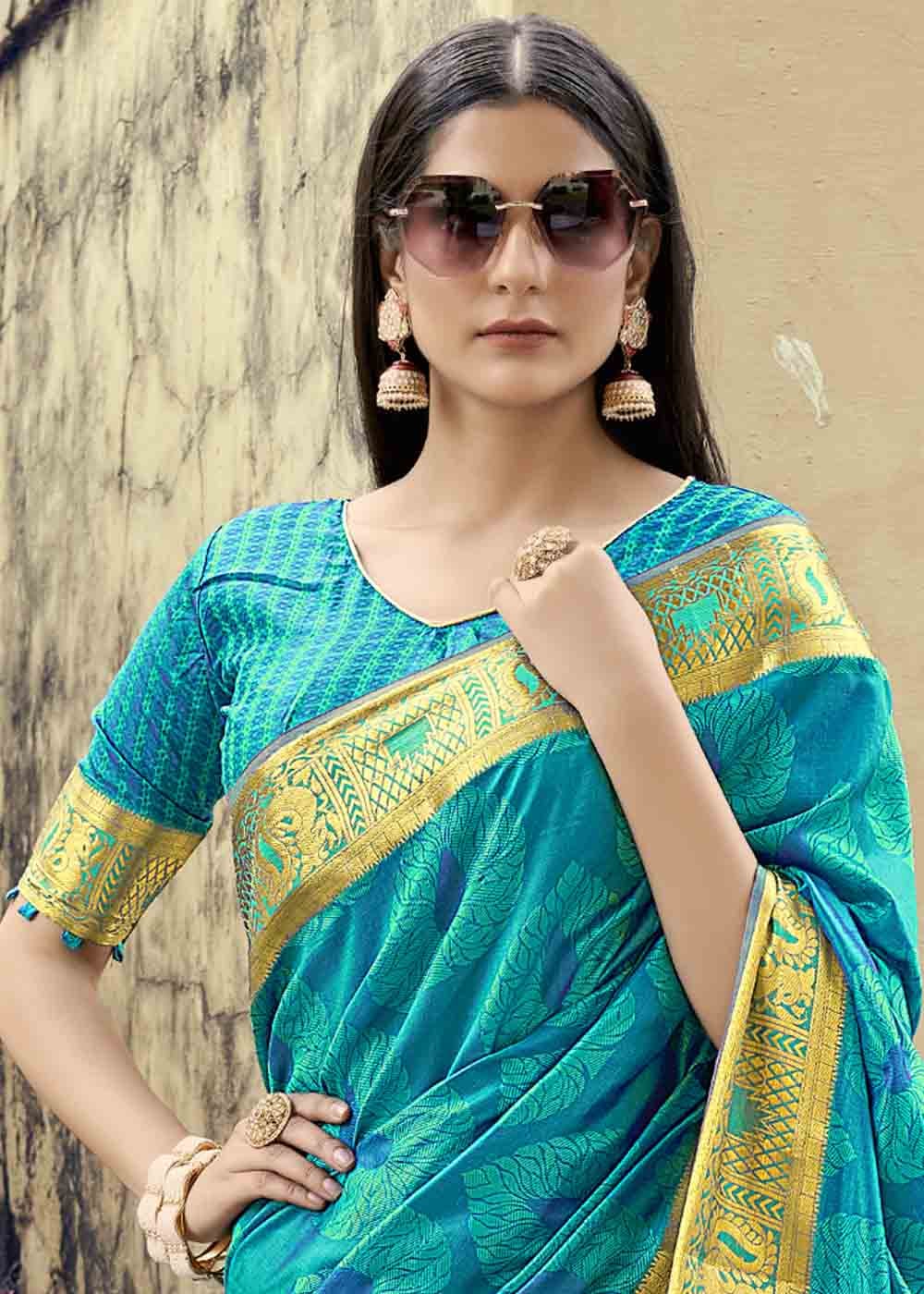 Buy MySilkLove Malachite Blue Zari Woven Banarasi Silk Saree Online