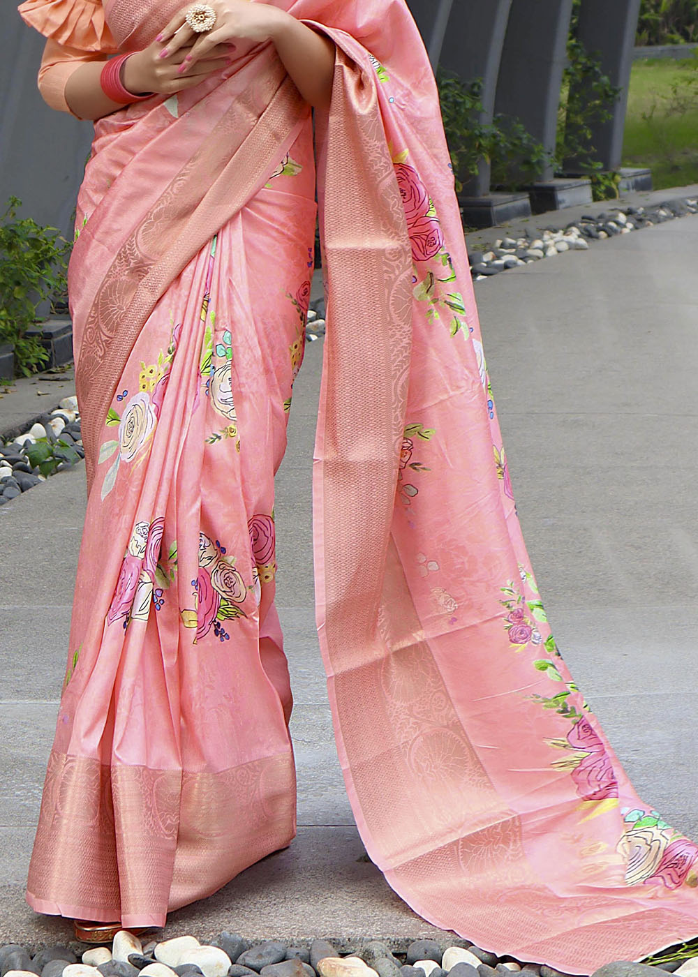 Buy MySilkLove Lilac Peach Floral Printed Soft Silk Saree Online