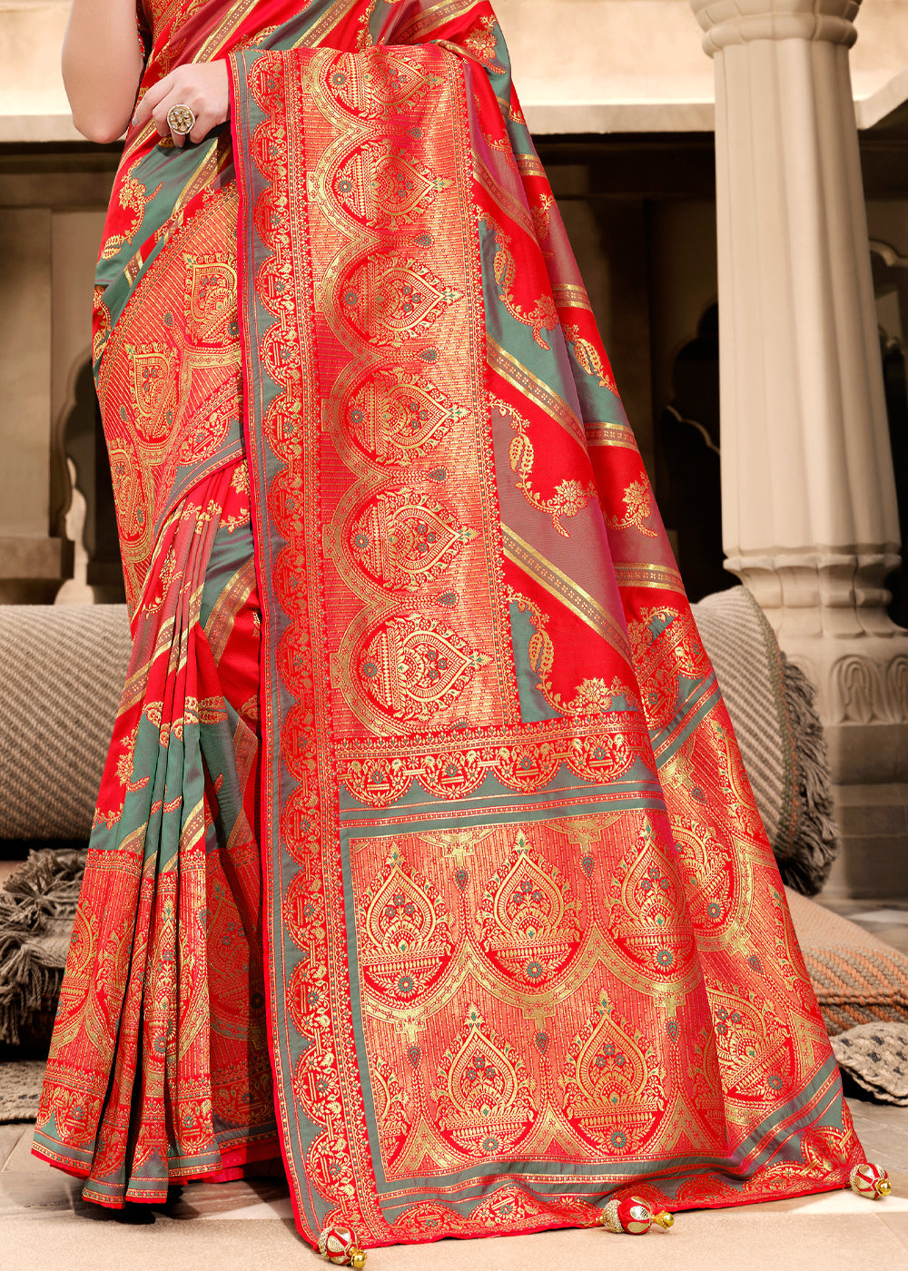 Buy MySilkLove Salmon Red Woven Designer Banarasi Silk Saree Online