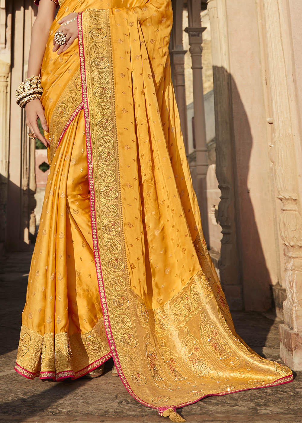 Buy MySilkLove Glow Orange Zari Woven Banarasi Silk Saree with Embroidered Blouse Online