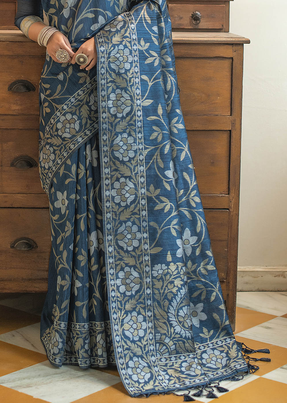 Buy MySilkLove Midnight Blue Zari Woven Floral Tussar Saree Online