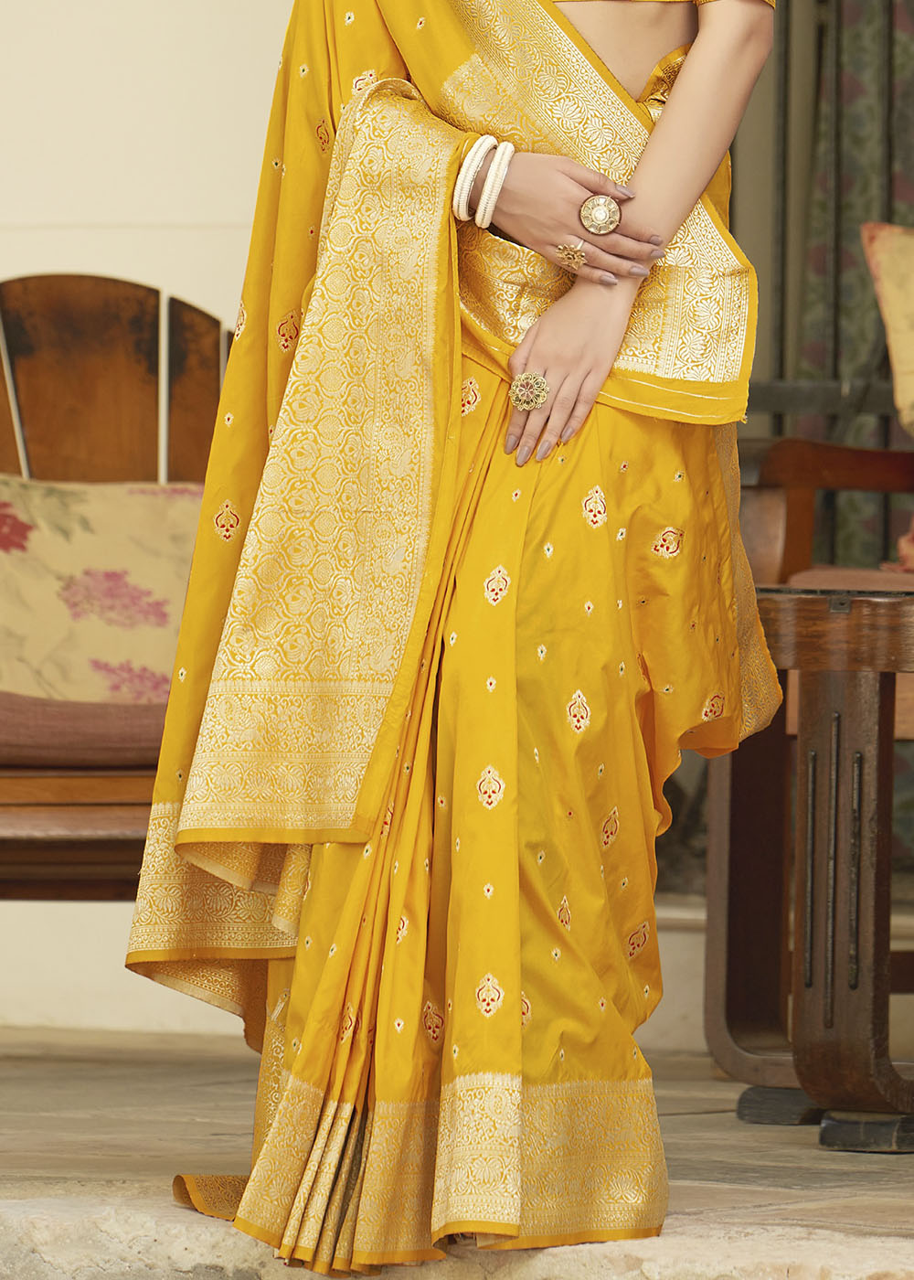 Buy MySilkLove Saffron Yellow Zari Woven Banarasi Silk Saree with Butti Work Online