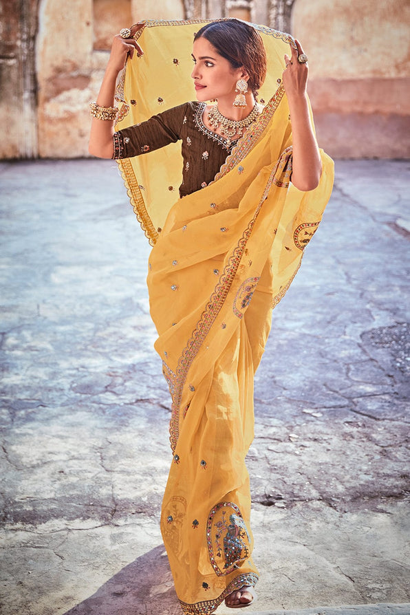 Buy MySilkLove Porsche Yellow and Brown Organza Saree Online