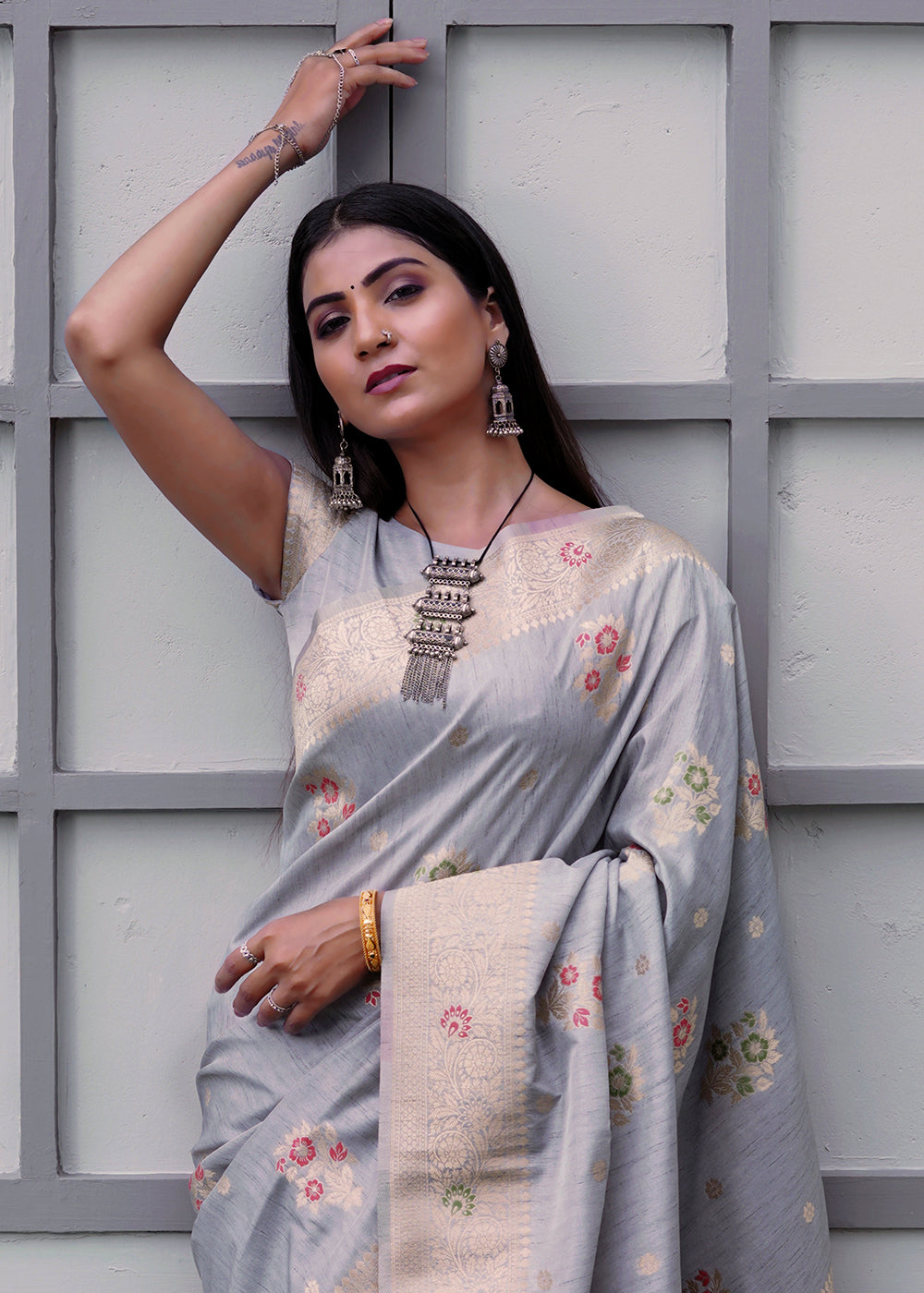 Buy MySilkLove Mountain Mist Grey Banarasi Saree Online