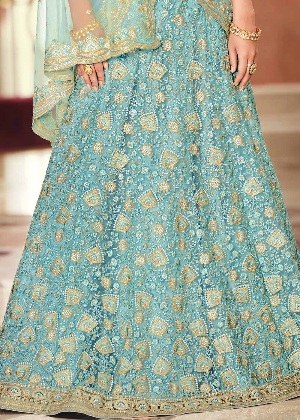 Buy MySilkLove Gulf Stream Blue Net Designer Lehenga With Heavy Embroidered Work Online